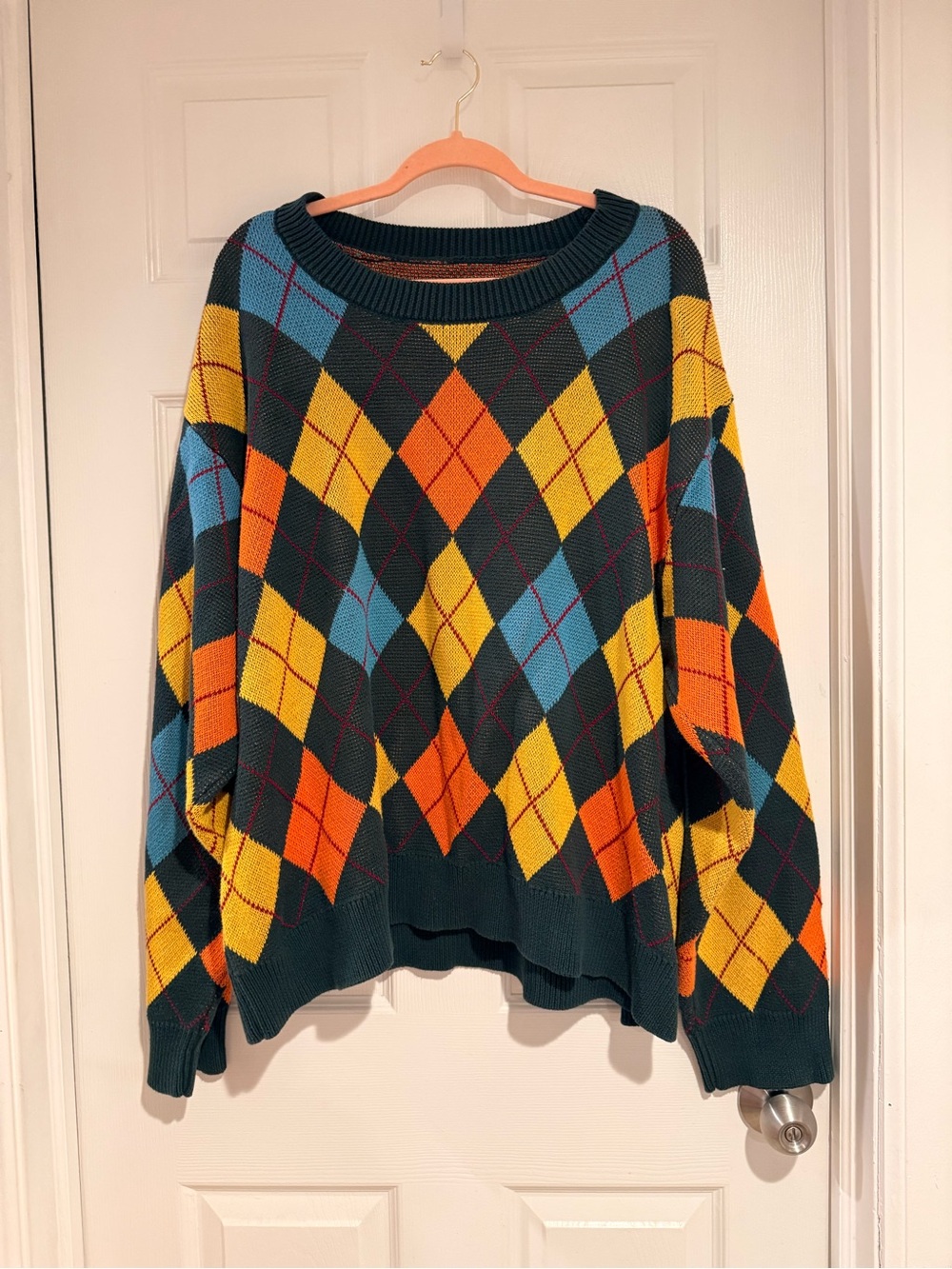 Relaxed Argyle Crewneck Sweater in Blue, Yellow & Orange